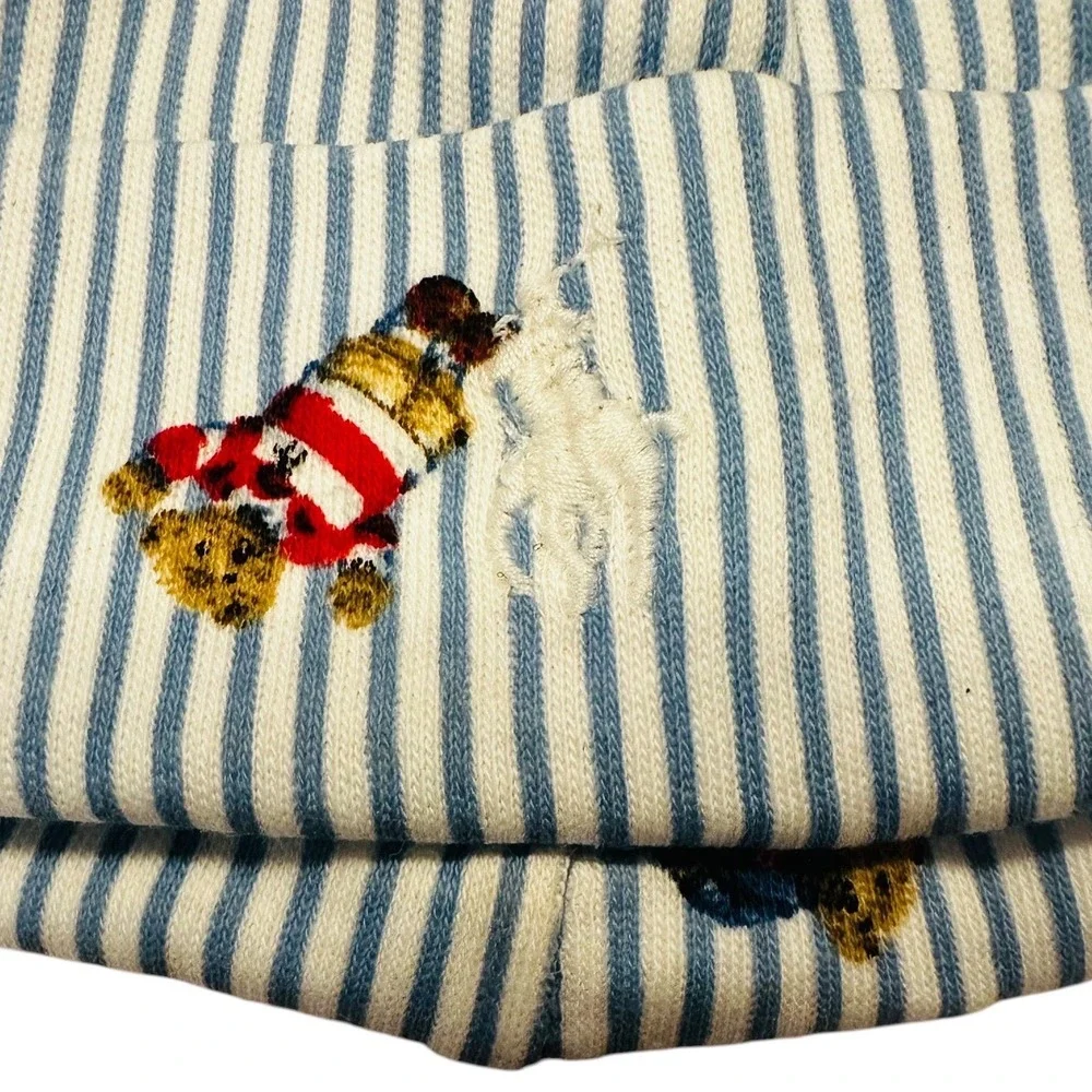 Ralph Lauren Polo Bear Baby Beanie Blue White Striped Cotton Hat 3-9M